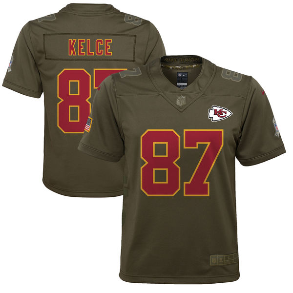 Youth Kansas City Chiefs Travis Kelce Nike Olive Salute to Service Game Jersey