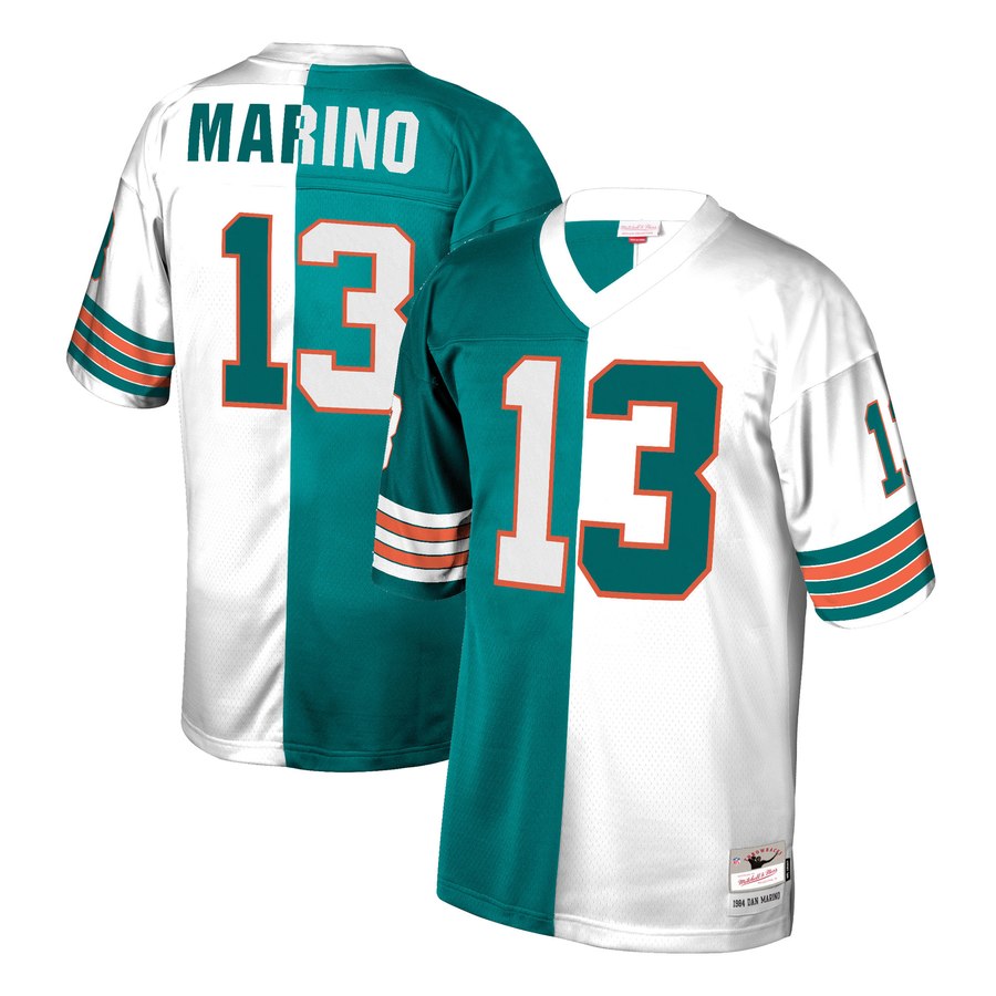 Men's Miami Dolphins Dan Marino Mitchell & Ness Aqua/White Retired Player Split Replica Jersey