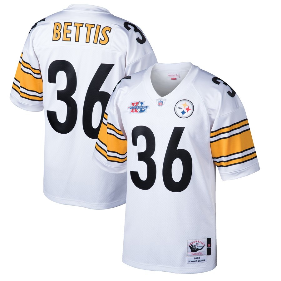 Men's Pittsburgh Steelers Jerome Bettis Mitchell & Ness White Throwback Super Bowl Xl Patch Authentic Retired Player Jersey