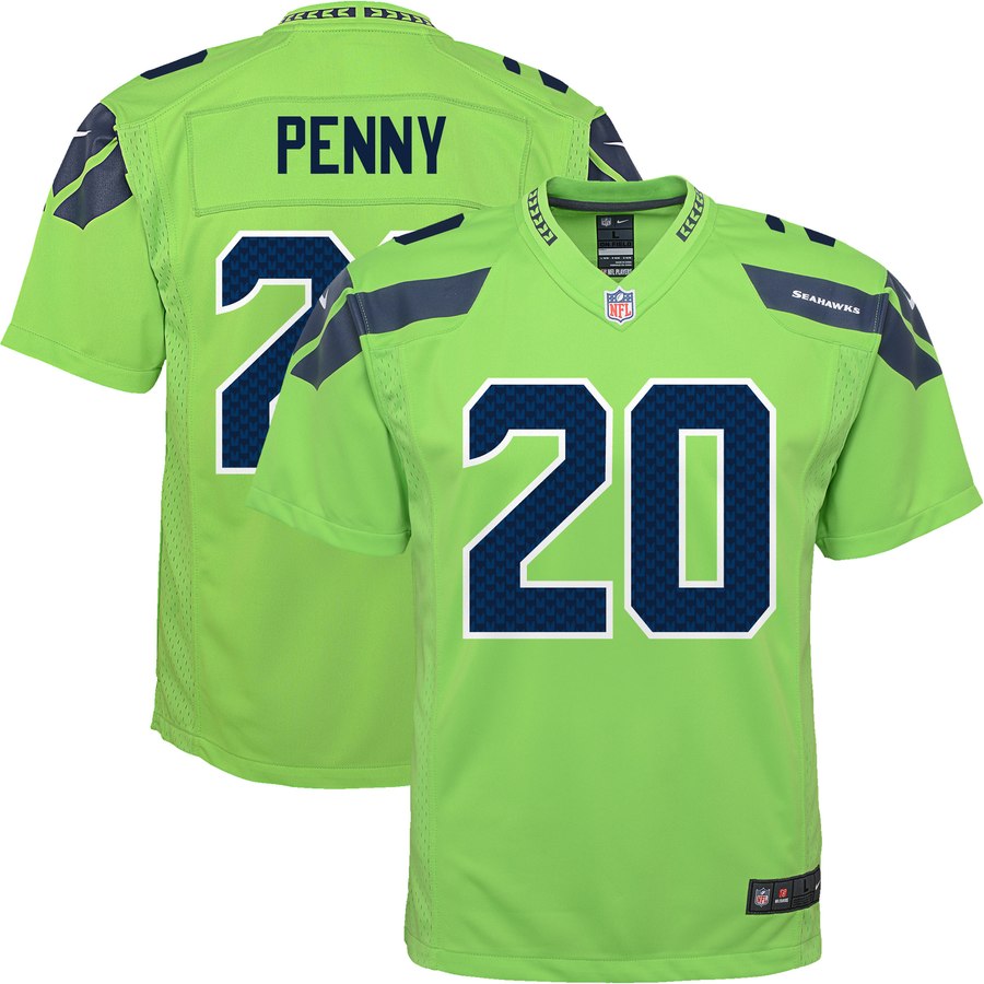 Youth Seattle Seahawks Rashaad Penny Nike Neon Green Color Rush Player Game Jersey