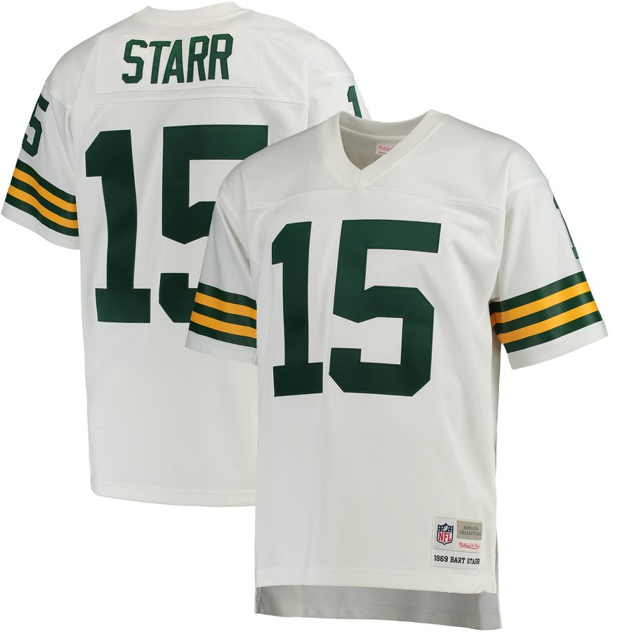 Mens Green Bay Packers Bart Starr Mitchell And Ness White Replica Retired Player Jersey