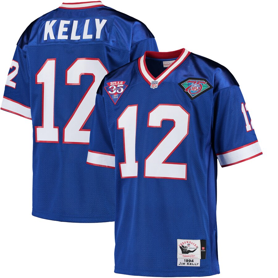 Men's Buffalo Bills Jim Kelly Mitchell & Ness Royal 1994 35th Anniversary Patch Authentic Throwback Jersey