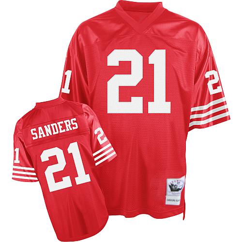 #21 Authentic Deion Sanders San Francisco 49ers Mens Jersey - NFL Throwback Home Red Mitchell and Ness