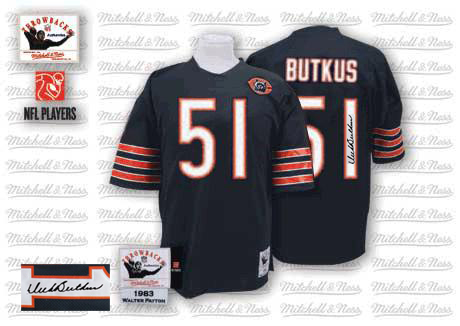 Authentic Dick Butkus Mens Throwback Jersey - Chicago Bears #51 Bear Patch Autographed Home Navy Blue Mitchell and Ness NFL