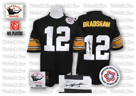 Authentic Terry Bradshaw Mens Throwback Jersey - Pittsburgh Steelers #12 Autographed Home Black Mitchell and Ness NFL